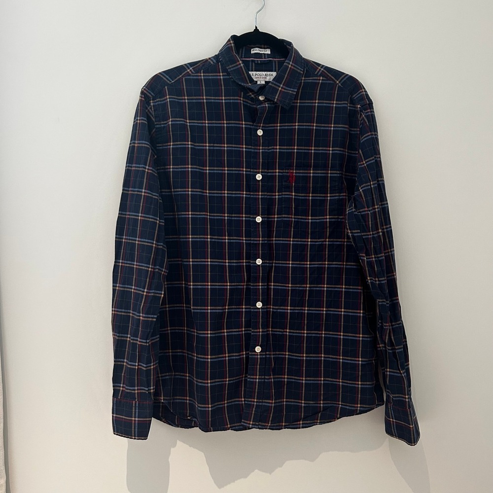 US Polo Assn Mens Large Navy Blue Plaid Tailored Fit Premium Cotton Button Down